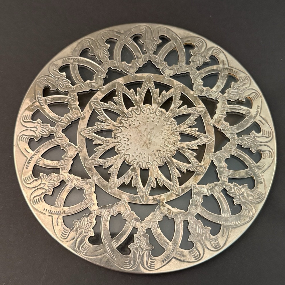 Vintage Pierced Silver Plate & Glass Trivet Hot Plate Ornate Floral Monogram M
